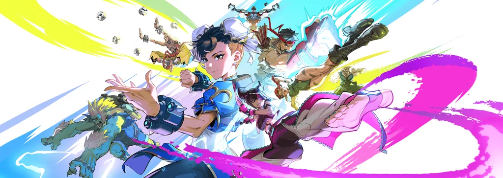 Imagem de personagens de Overwatch 2 com skins de Street Fighter 6 em uma imagem que remete a uma pintura.