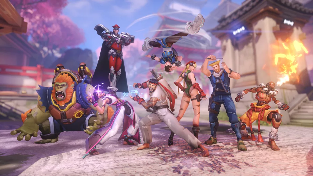 Imagem de personagens de Overwatch 2 com skins de Street Fighter 6 em uma imagem dentro do jogo.
