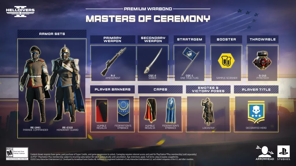 Imagem com todos os conteúdos de Helldivers 2 Mestres de Cerimônias, contando com armas, boosters, armaduras, banners, capas, emote e título.
