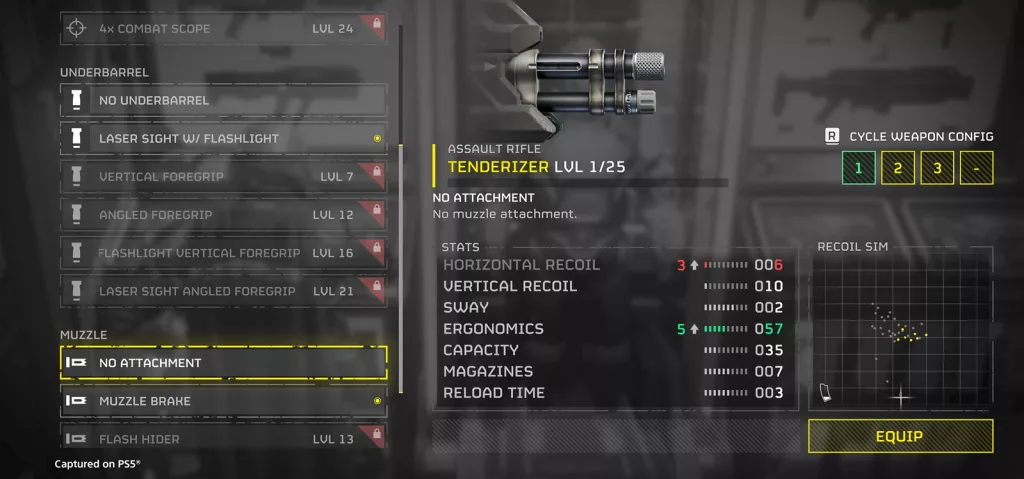 Personalização de armas em Helldivers 2 com imagem de muitos itens.