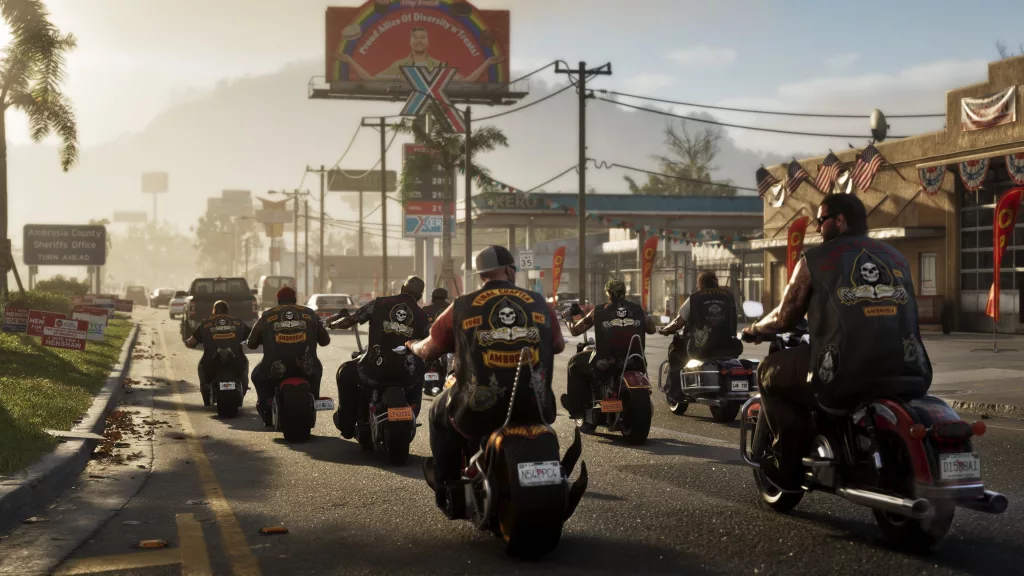 Um grupo de motociclistas em frente a um posto de combustível.