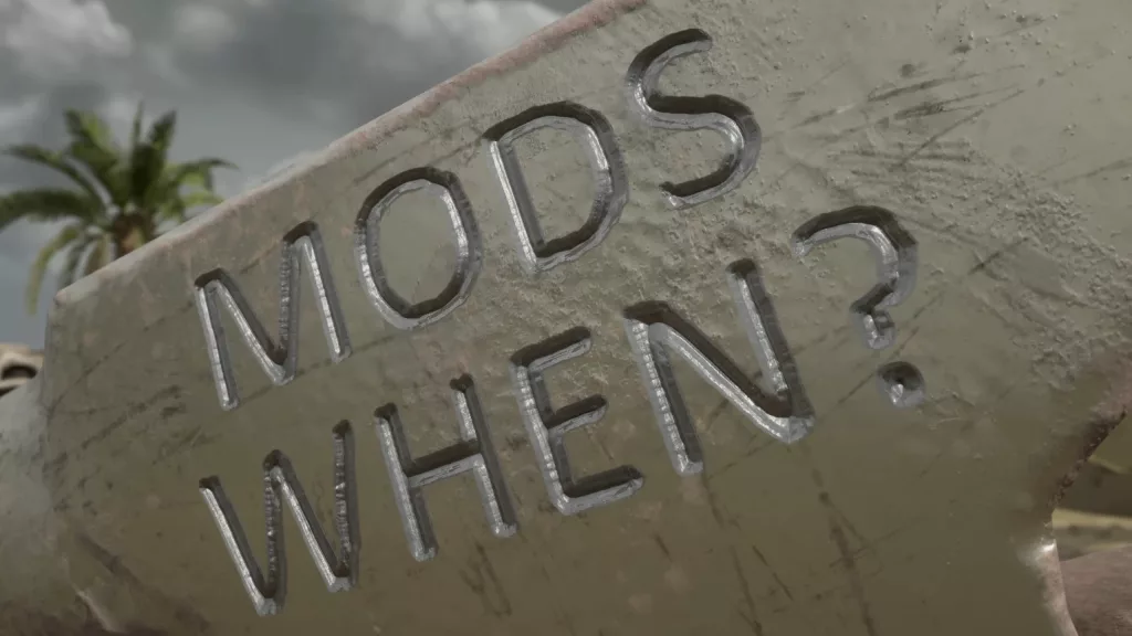 Bigorna gigante com os dizeres "Mods quando?" em inglês.