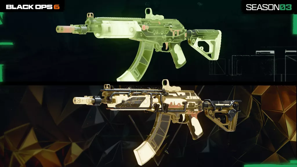 Arma CR-56 AMAX de Call of Duty em sua versão Ameaça Verdejante normal e Black Cell.