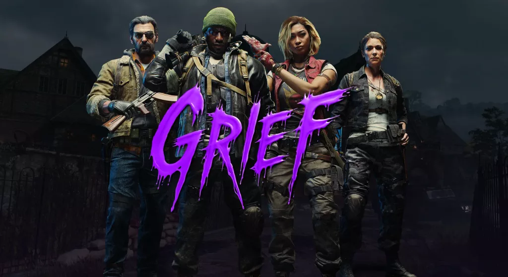 Tela com 4 operadores do Modo Zumbis e o escrito GRIEF no meio.