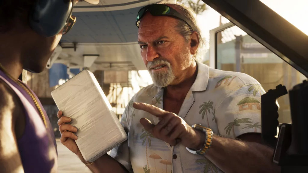 Brian dando instruções para o piloto de helicóptero segurando um "tijolo branco".