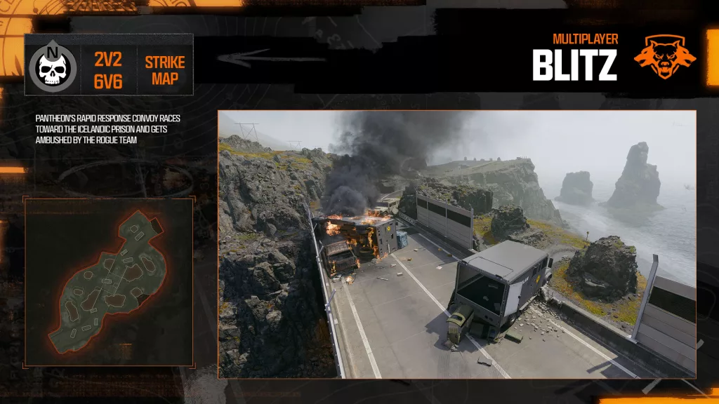 Imagem de mini-mapa à esquerda e tela do jogo à direita do mapa multiplayer Blitz de Call of Duty Black Ops 6.