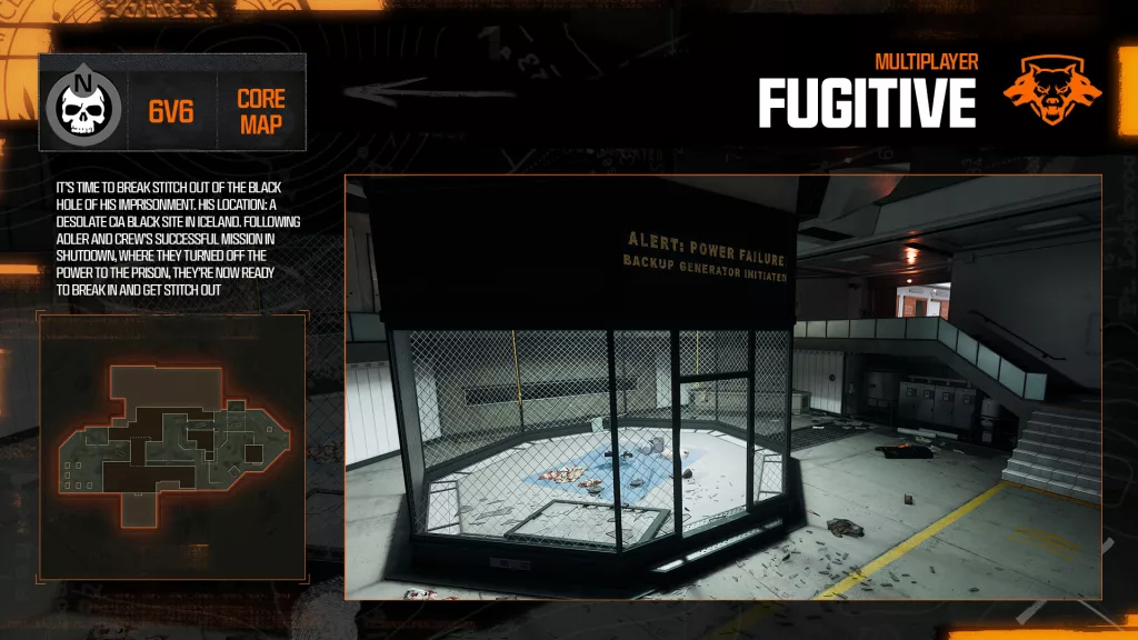Imagem de mini-mapa à esquerda e tela do jogo à direita do mapa multiplayer Fugitive de Call of Duty Black Ops 6.