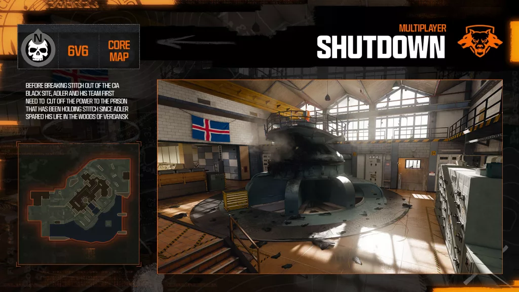 Imagem de mini-mapa à esquerda e tela do jogo à direita do mapa multiplayer Shutdown de Call of Duty Black Ops 6.