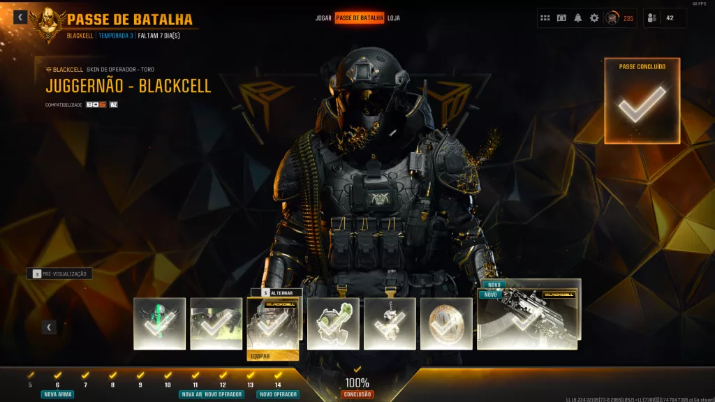 Tela da conclusão do Passe de Batalha e Blackcell de Call of Duty Blacks Ops 6 Temporada 3.