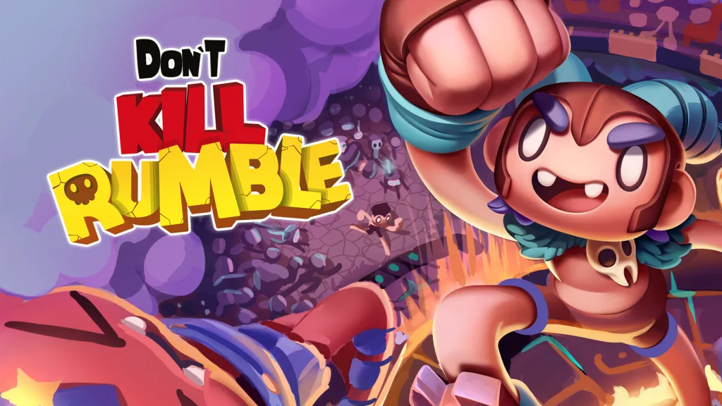 Personagem retira seu rival de cima de uma plataforma, ao fundo a escrita Don't Kill Rumble se destaca.