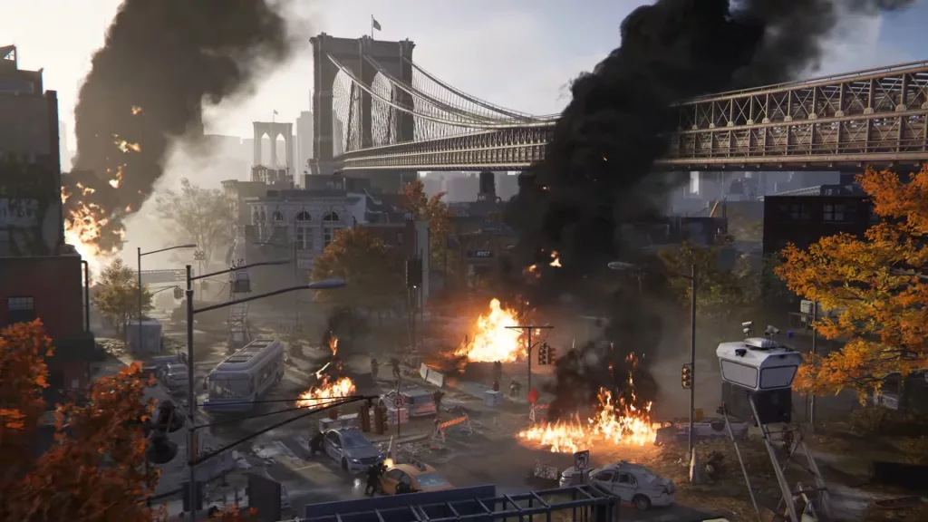 Imagem da ponte do Brooklyn com vários pontos de combate abaixo.