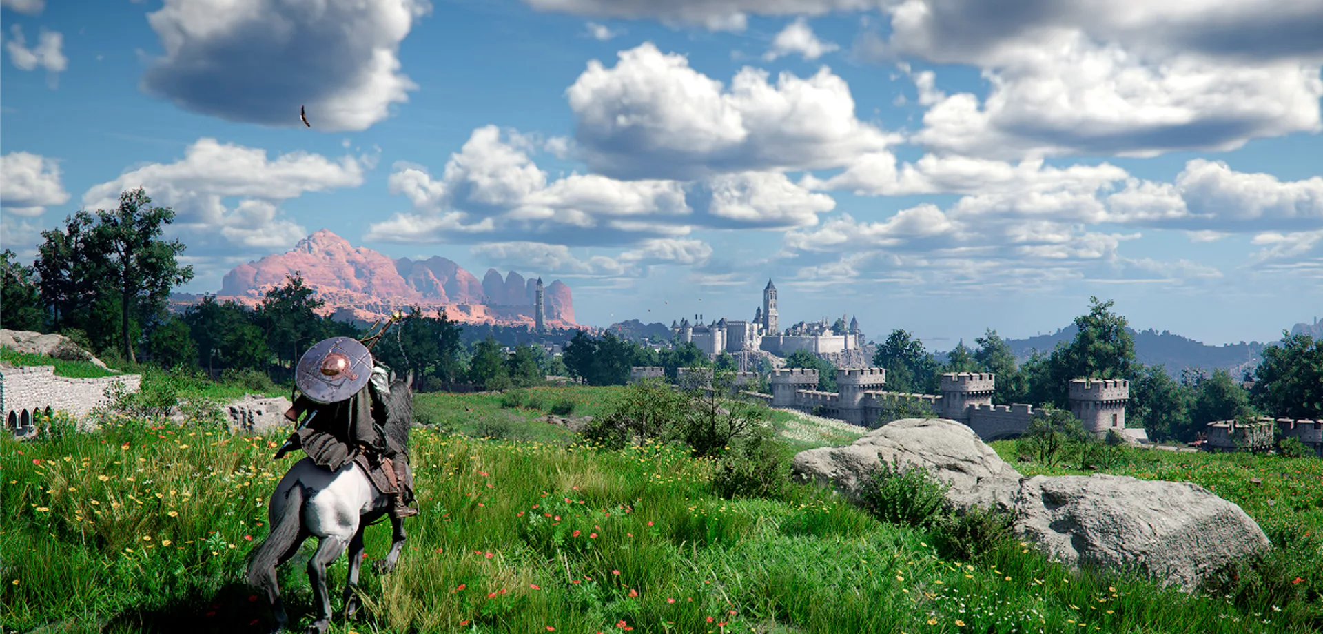 Personagem de Crimson Desert à cavalo em paisagem gramada e com castelo ao fundo.