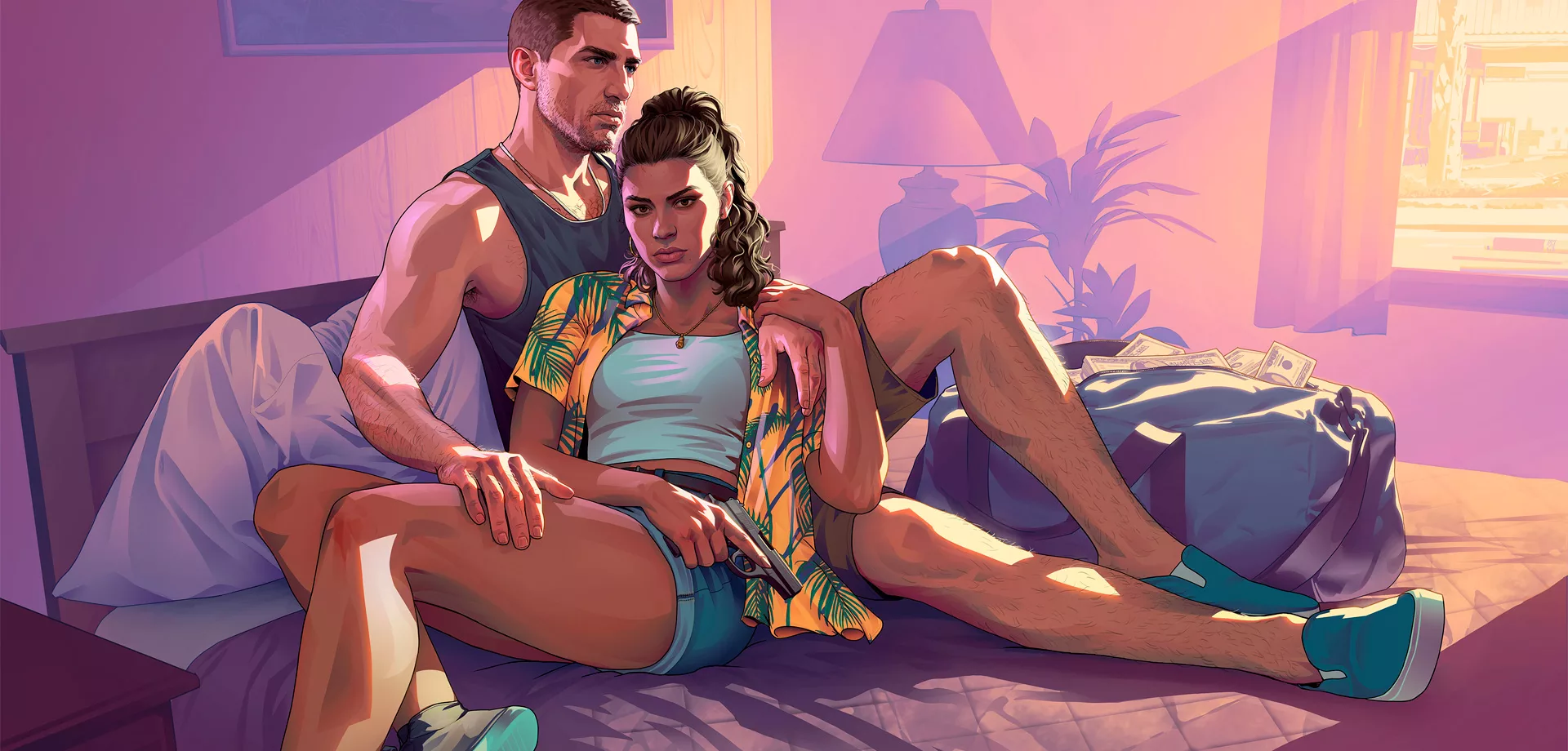 Jason e Lucia em Hotel em imagem de GTA 6 para o artigo com mais Personagens.
