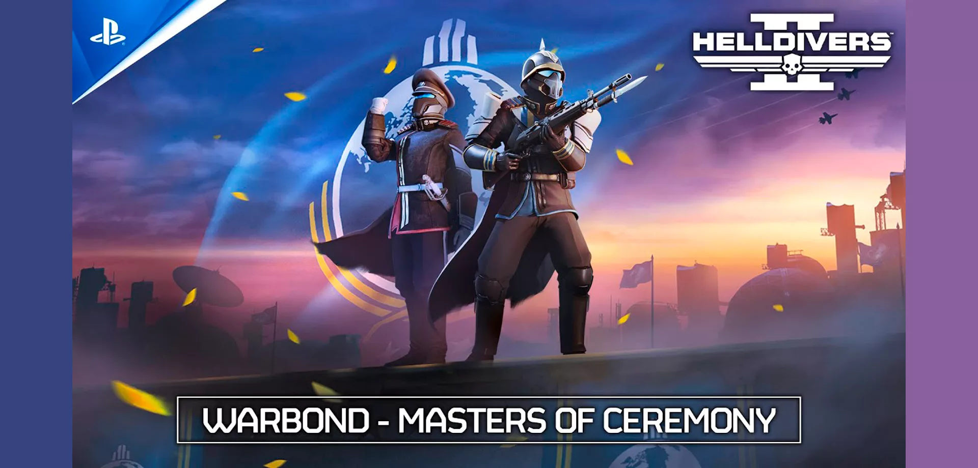 2 soldados com equipamentos de Mestres de Cerimônias em Helldivers 2.
