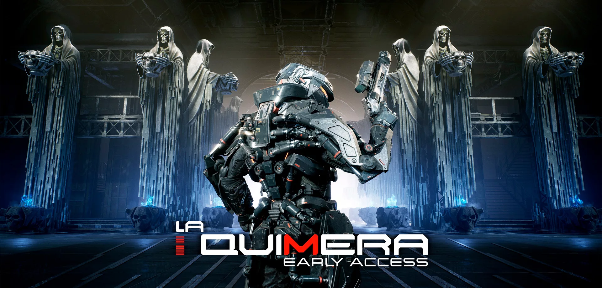 Capa de La Quimera Early Access com soldado à frente e várias estátuas de esqueleto com capuz ao fundo.