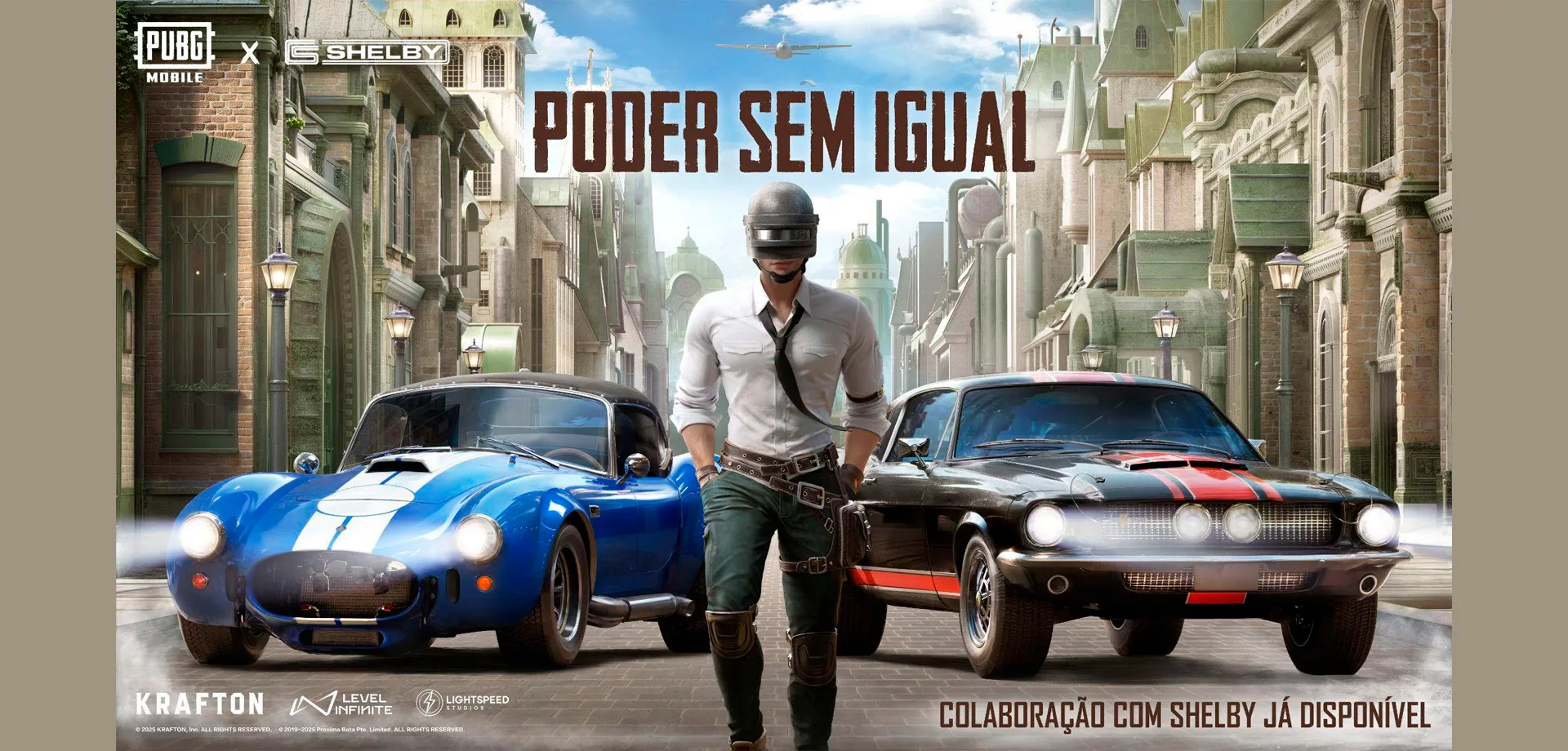 Personagem de PUBG Mobile em meio aos carros da Shelby American.