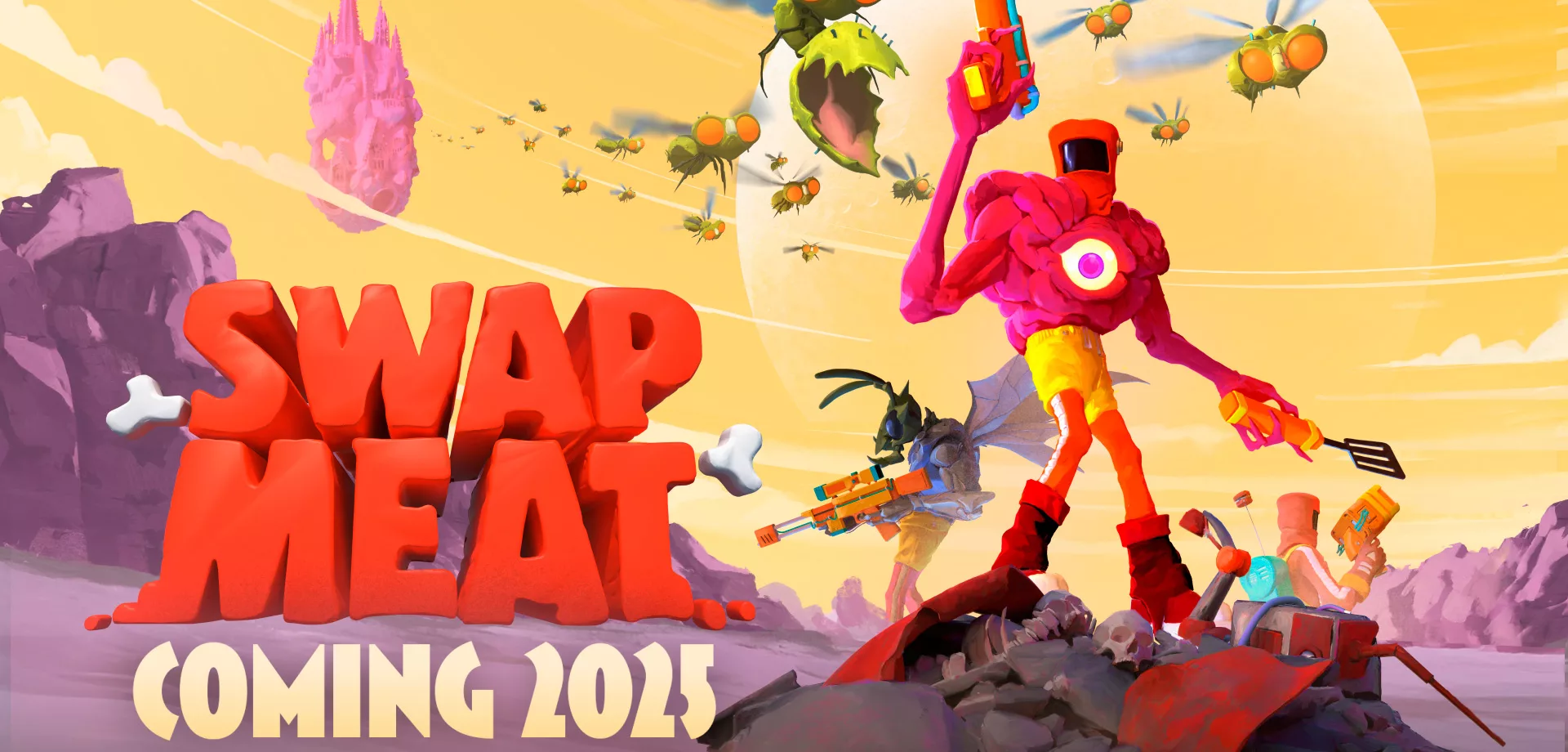 Capa de Swapmeat com personagens modificados pelas carnes de alienígenas e com monstros atacando eles.