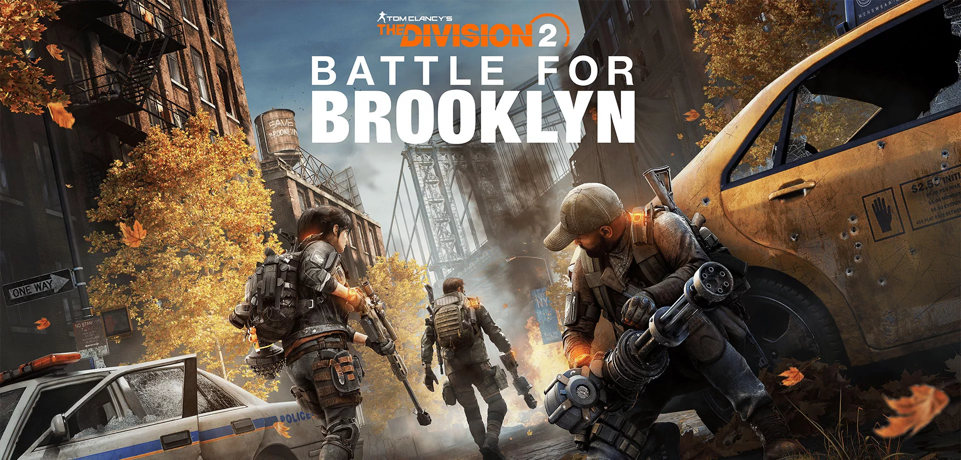 Capa de The Division 2 Battle for Brooklyn com 3 personagems olhando pra icônica ponte.