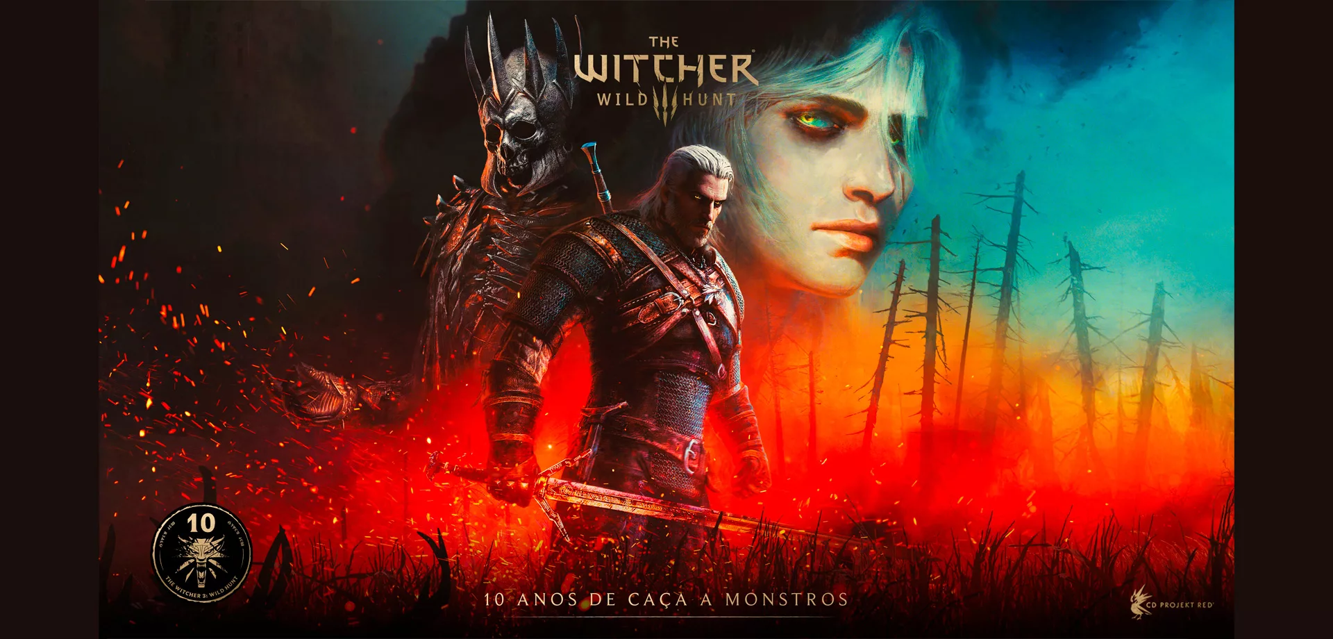 Capa comemorativa dos 10 anos de The Witcher 3: Wild Hunt - 10 anos de caça a monstros.