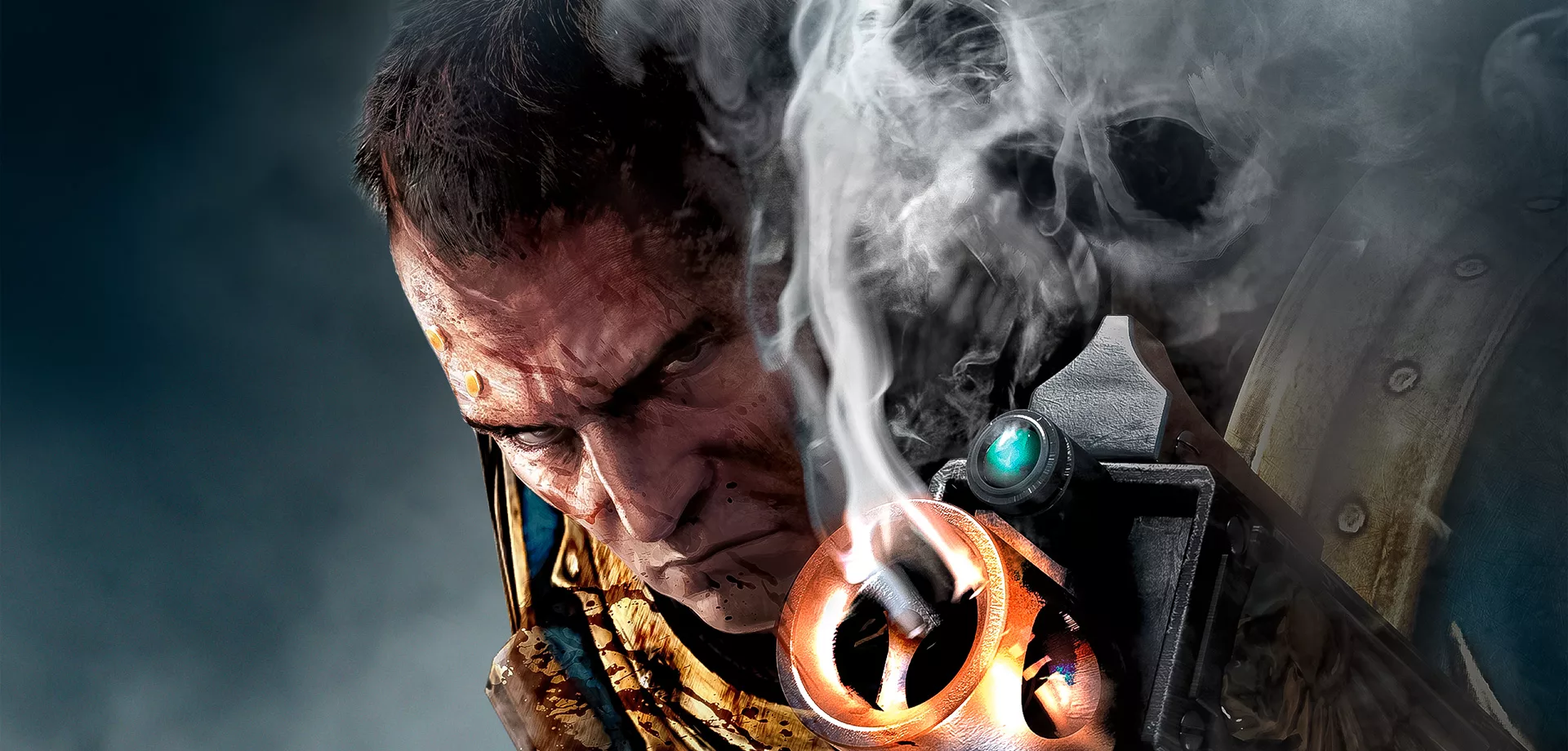 Capa de Warhammer 40k Space Marine - Edição Master Crafted com Titus à frente com uma arma fumegando uma fumaça em forma de crânio.