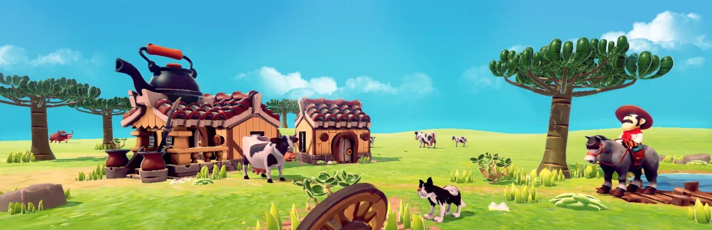 Personagem Gaúcho em uma fazenda em 3d com vacas, um cão e uma casa com uma chaleira enorme.