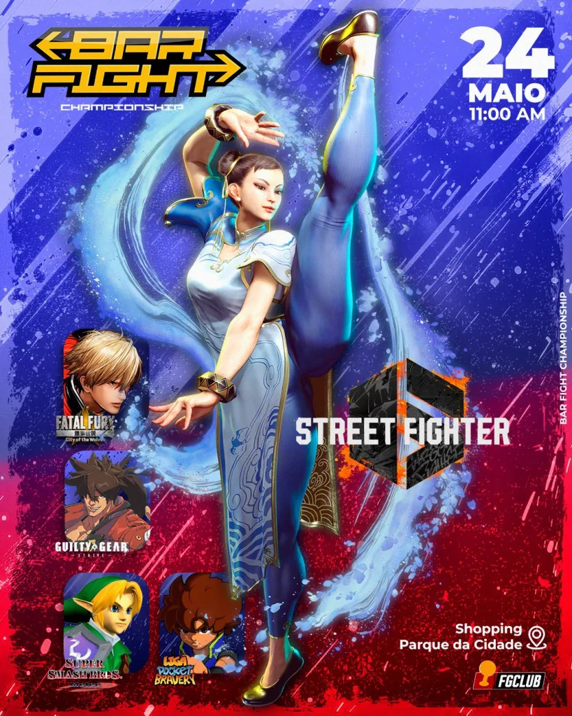 Imagem com Chun-Li em destaque e logo de todos os jogos que estarão no Bar Fight SP.