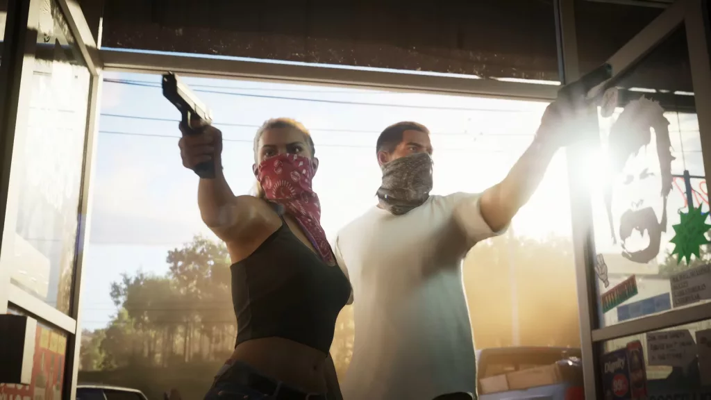 Lucia e Jason com rostos parcialmente tampados e apontando armas pra dentro de uma loja de conveniência.