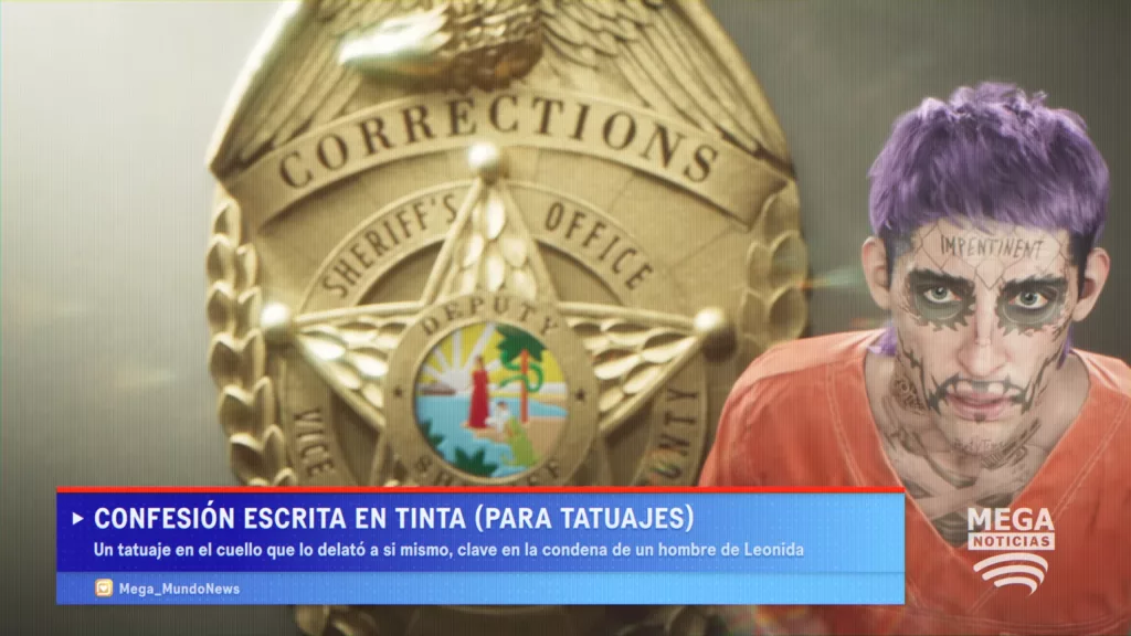 Imagem de um homem de cabelo roxo e várias tatuagens no corpo com uma roupa de presidiário e atrás o distintivo da polícia.