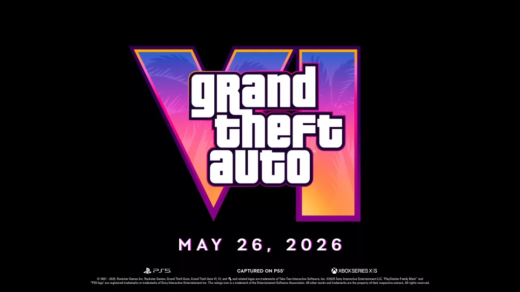Logo de GTA 6, Playstation 5, Xbox Series X|S e os dizeres de que as imagens do trailer foram capturadas no PlayStation 5.