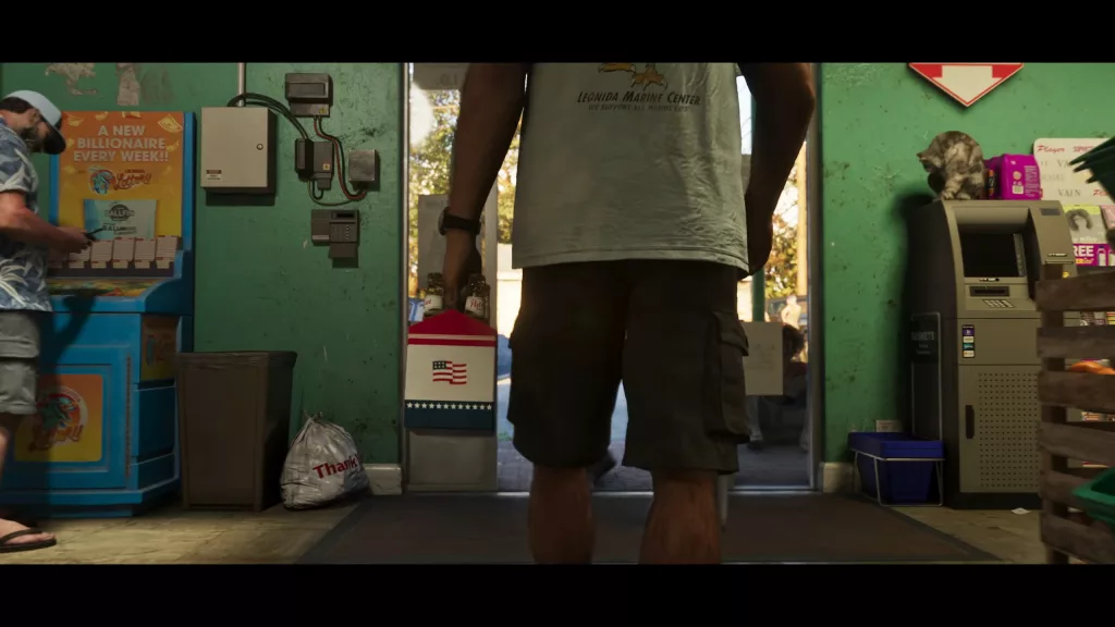 Imagem de Jason saindo de um lugar com cervejas e de um lado um guichê de apostas e do outro um caixa rápido.