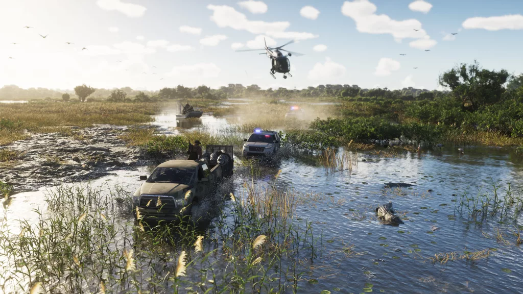 Helicóptero, carro da polícia, caminhonte com carga de jacarés, barco híbrido e crocodilos. em meio ao pântano.