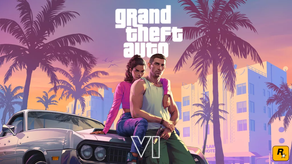 Artwork de Jason e Lucia encostados no carro, utilizada no primeiro trailer de GTA 6.