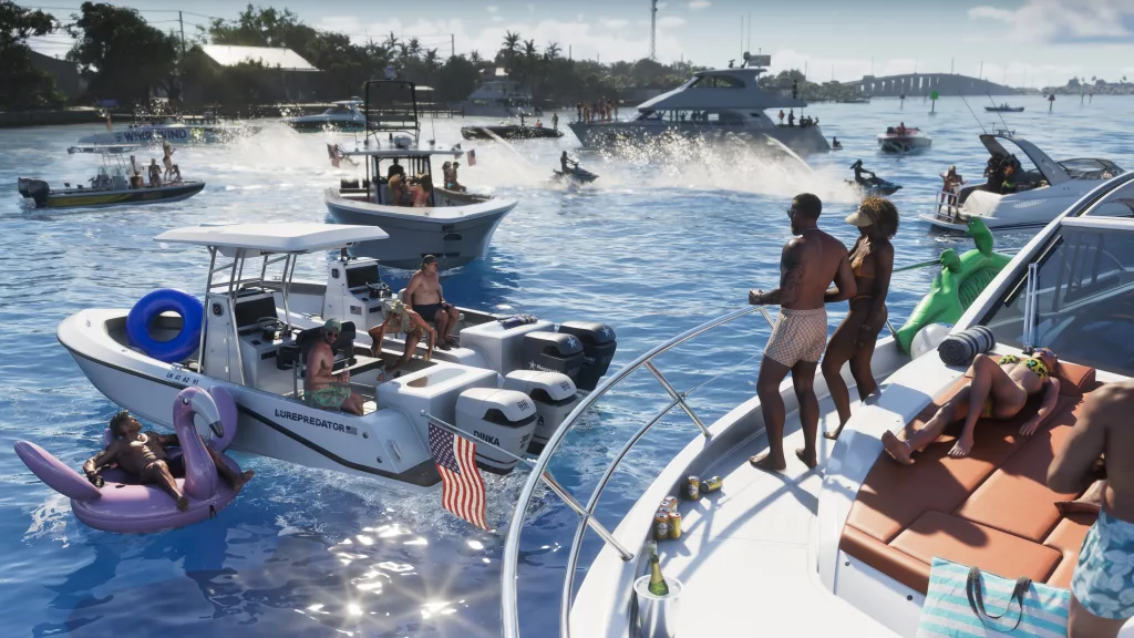 Muitas pessoas em barcos, iates e jet skis se divertindo no mar próximo ao pier.