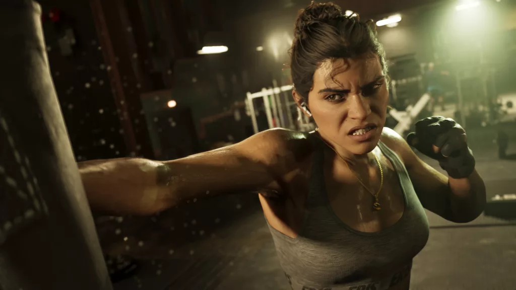 Lucia treinando boxe em uma academia. 