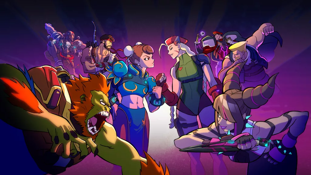 Imagem de personagens de Overwatch 2 com skins de Street Fighter 6 em uma imagem que remete a desenho animado.