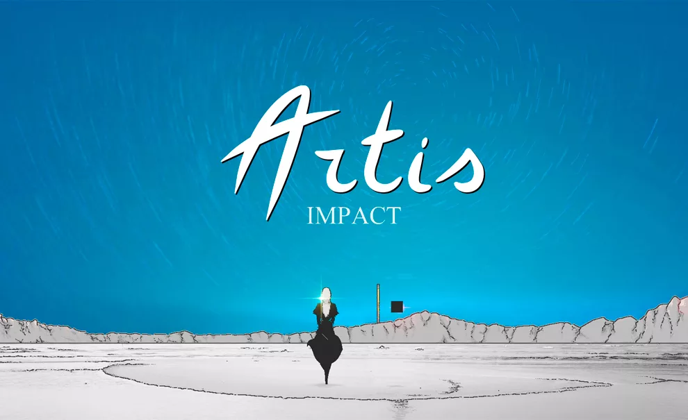 Capa de Artis Impact com protagonista em um local deserto observando uma torre e um cubo à distância.