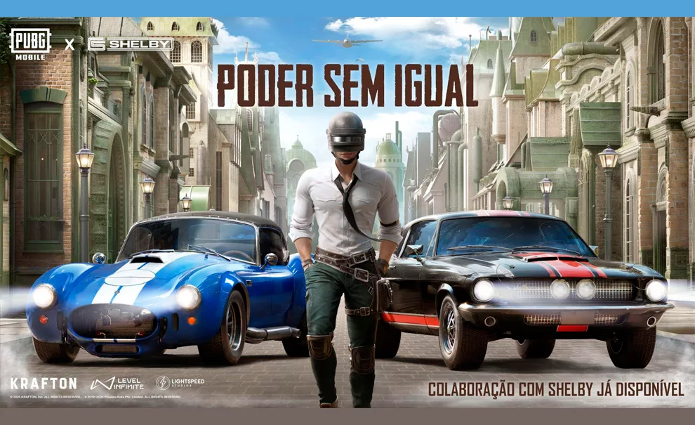 Personagem de PUBG Mobile em meio aos carros da Shelby American.