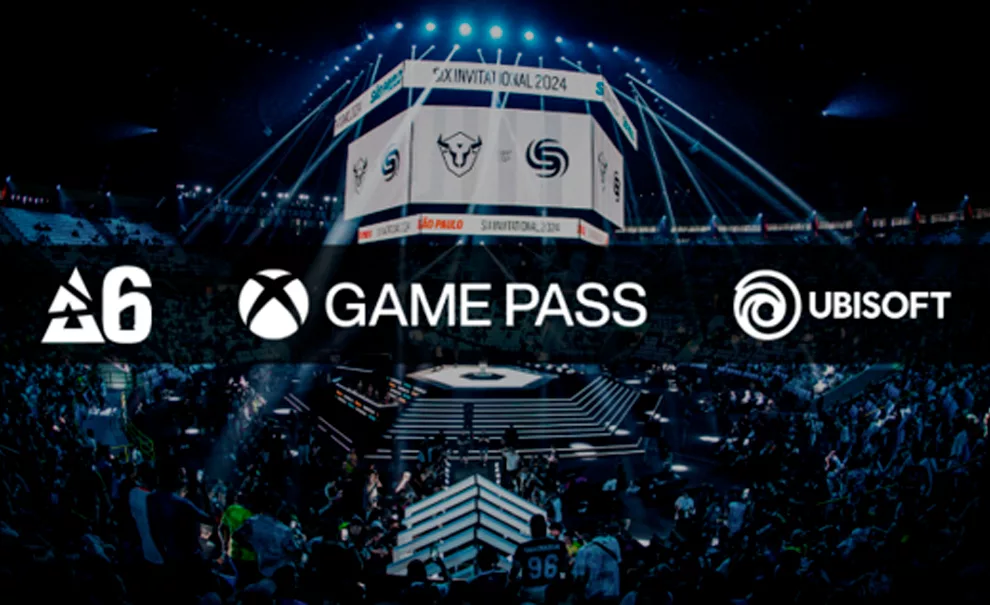 Fundo com plateia em evento de Rainbow Six eSports com logos da Blast, Xbos Game Pass e Ubisoft