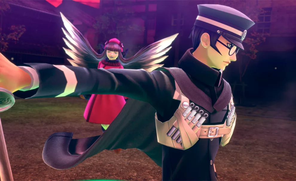 Raidou e outra personagem logo atrás dele e com asas.