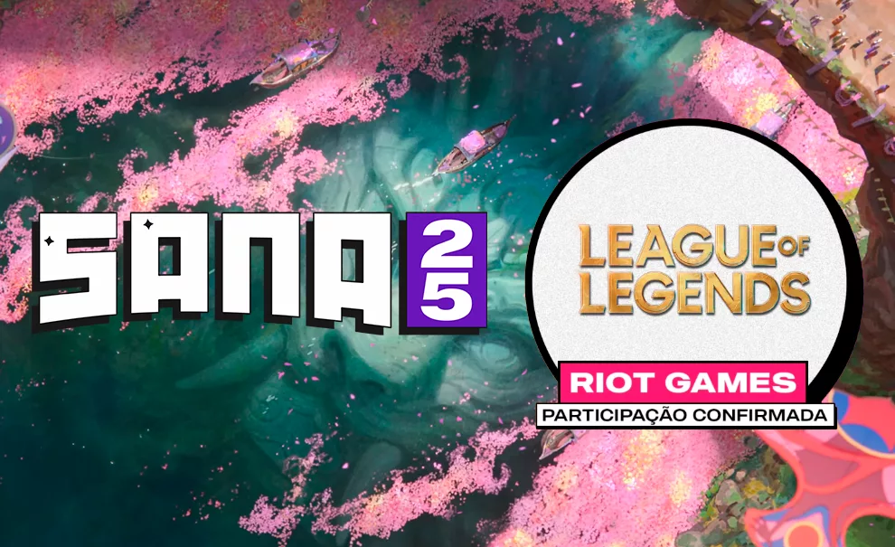 Fundo do cliple de League of Legends com logo da Sana Fest e Participação confirmada da Riot Games.