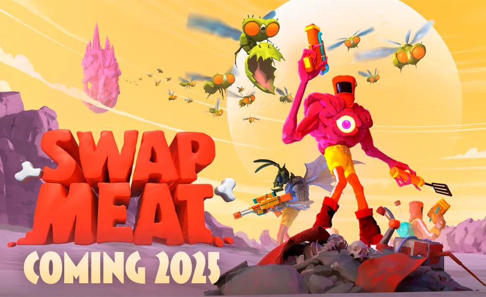 Capa de Swapmeat com personagens modificados pelas carnes de alienígenas e com monstros atacando eles.