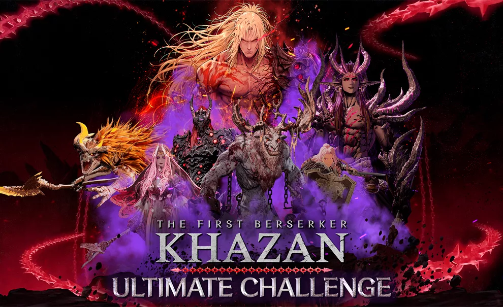 Capa de The First Berserker Khazan Ultimate Challenge com Khazan e vários chefes do jogo.