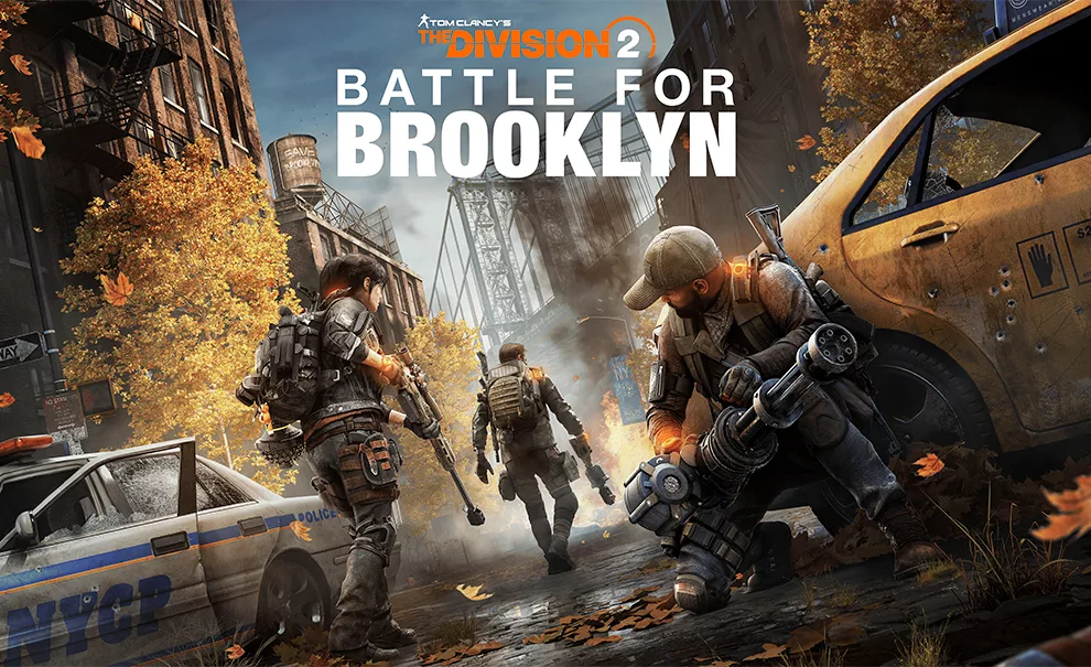 Capa de The Division 2 Battle for Brooklyn com 3 personagems olhando pra icônica ponte.