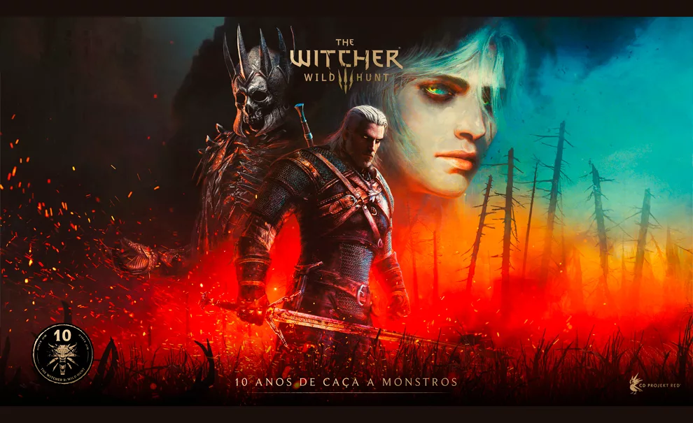 Capa comemorativa dos 10 anos de The Witcher 3: Wild Hunt - 10 anos de caça a monstros.