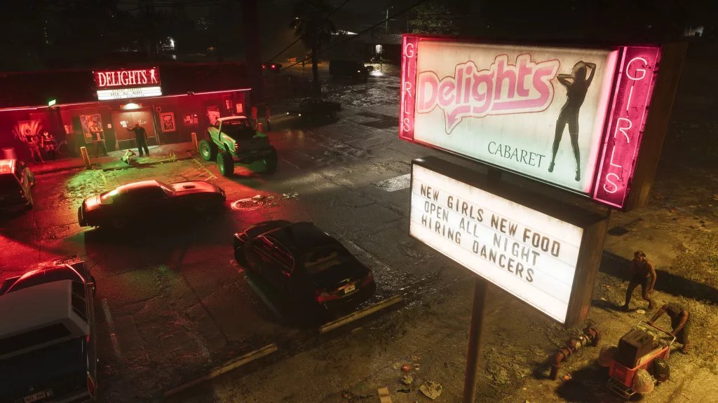 Imagem do estacionamento de um cabaré chamado Delights em GTA 6.
