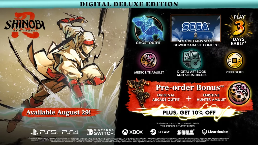Imagem com a edição Digital Deluxe de Shinobi Art of Vengeance - mostrando tudo o que vem no pacote como roupas, conteúdo extra, 3 dias de acesso antecipado e mais.
