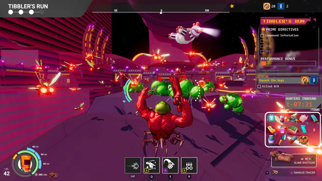 Personagem com pernas de carangueijo e corpo musculoso segurando uma arma e lutando com dezenas de monstros diferentes em um local todo tecnológico e roxo, juntamente com a HUD do jogo Swapmeat.