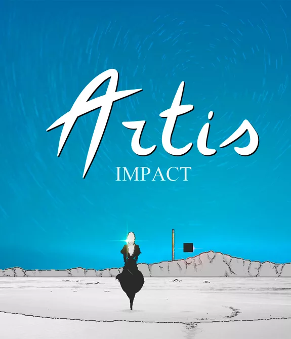 Capa de Artis Impact com protagonista em um local deserto observando uma torre e um cubo à distância.