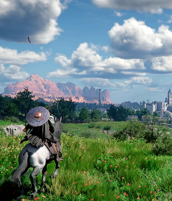Personagem de Crimson Desert à cavalo em paisagem gramada e com castelo ao fundo.