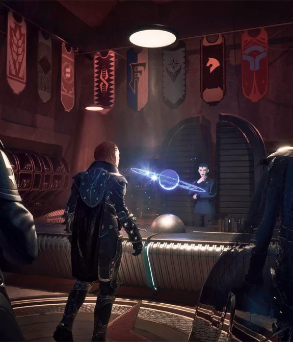 Imagem de Dune Awakening com local de reunião com várias bandeiras, mesa com holograma e personagens na sala.